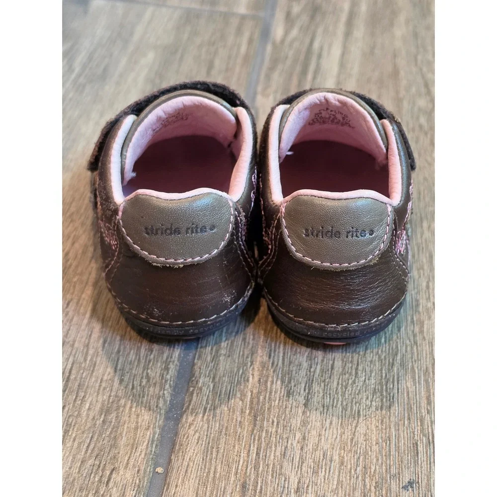 Stride Rite Puffling Brown Leather Pink Floral Embroidery Toddler Shoes 4M